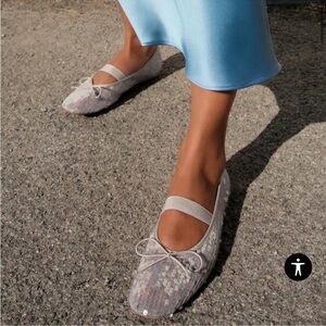 Zara Gray Sequin Bow Ballet Flat Elastic strap Mary Jane